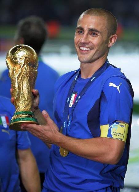 Fabio Cannavaro, the Italian defender, proudly holds the World Cup 2006 trophy.