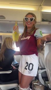 Dani Dyer on her way to Ibiza for her Hen Do wearing West Ham top with her fiance Jarrod Bowen's name on it