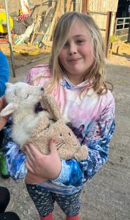 Girl holding a lamb and a stuffed animal at a farm.