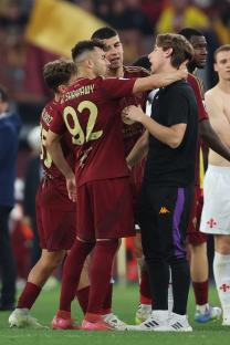 AS Roma players Stephan El Shaarawy and Gianluca Mancini celebrating.