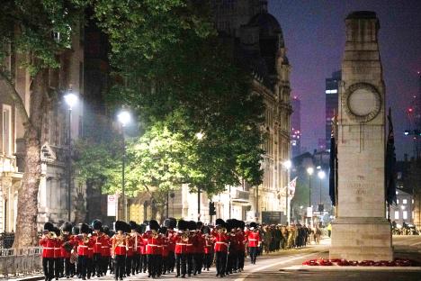 Military band and units rehearsing for the VE Day 80th anniversary procession in London.