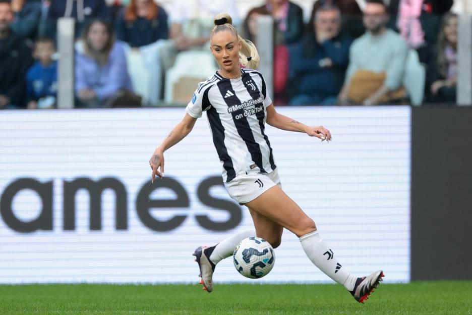 TURIN, ITALY - OCTOBER 13: Alisha Lehmann of Juventus during the Serie A Femminile match between Juventus FC and AS Roma at Allianz Stadium on October 13, 2024 in Turin, Italy. (Photo by Jonathan Moscrop/Getty Images)