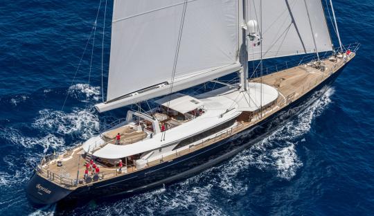 Aerial view of the sailing yacht Bayesian.
