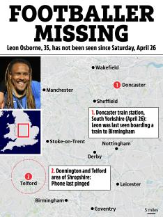 Map showing the last known locations of missing footballer Leon Osborne.