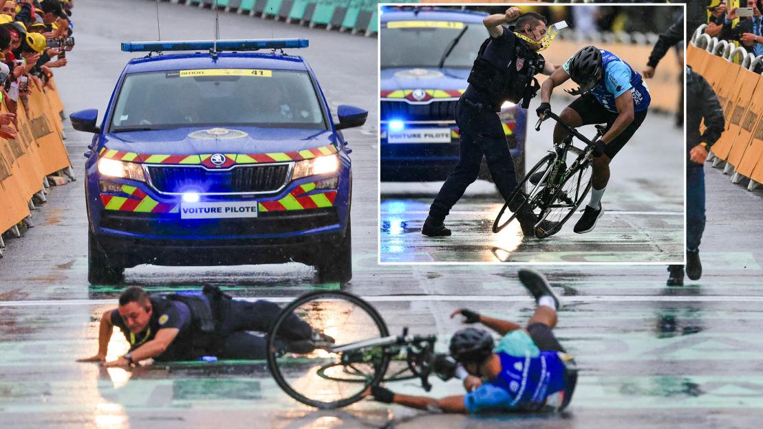 Tour de France prankster who invaded track LAID OUT in enormous crash after being tackled by police