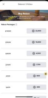 Roblox Robux purchase options.