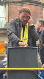 Daniel Farke DJing at a Leeds bus parade.