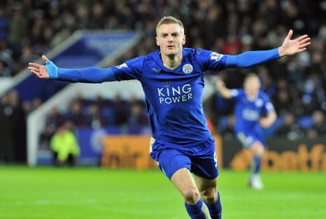 Jamie Vardy of Leicester City celebrating a goal.