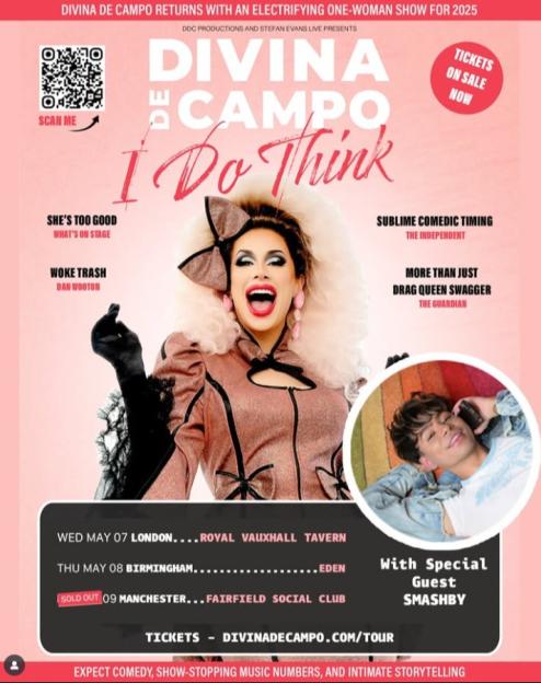 Illustration for Divina De Campo's "I Do Think" tour featuring Divina De Campo in drag with an open mouth and a smiling SmAshby.