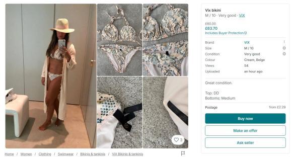 Collage of photos and a Vinted listing for a cream and beige snakeskin print bikini.