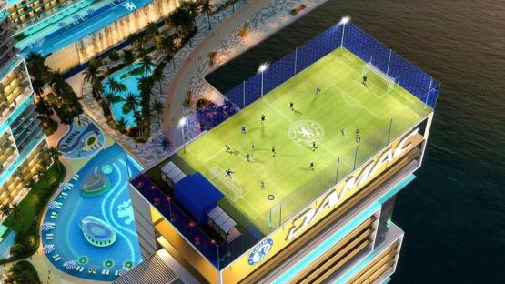Illustration of a rooftop football pitch on a luxury apartment building in Dubai.