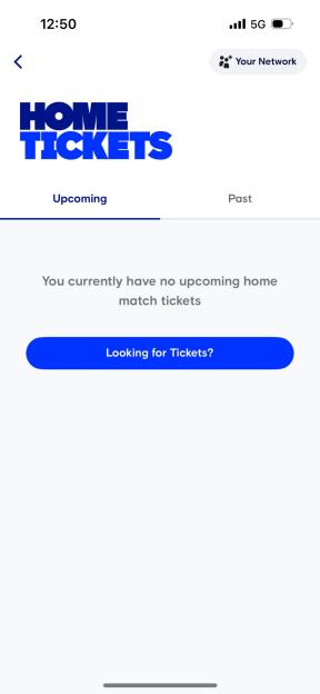 Screenshot of a mobile app showing a "Home Tickets" page with no upcoming match tickets, and a button to look for tickets.