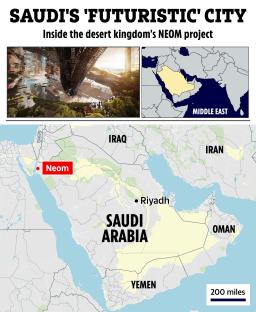 Illustration of NEOM, Saudi Arabia's futuristic city, with maps showing its location in the Middle East.