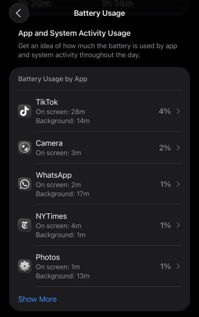 Screenshot of a phone's battery usage by app, showing TikTok as 4%, Camera as 2%, WhatsApp as 1%, NYTimes as 1%, and Photos as 1%.