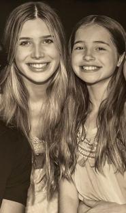 Black and white photo of Tess Daly's daughters, Phoebe and Amber.