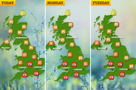 Three-day pollen forecast map of the UK.