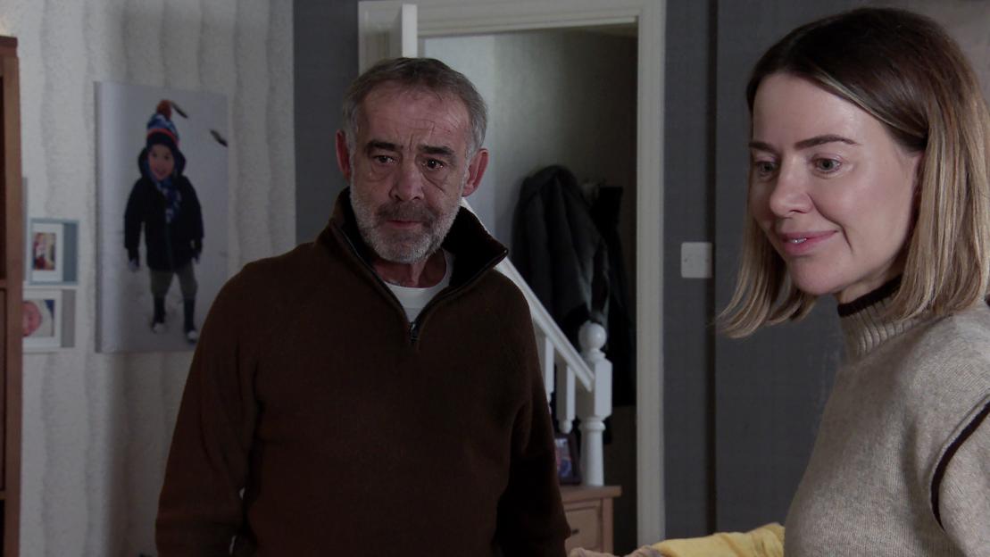 Scene from Coronation Street: Kevin and Abi Webster with Ronnie Bailey.