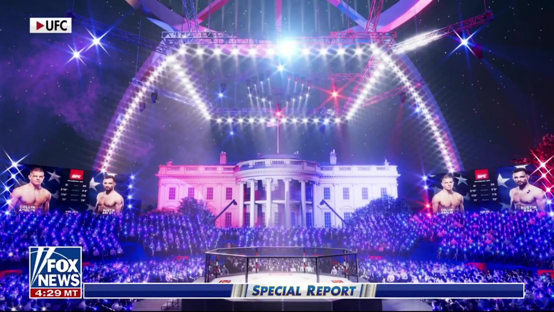 Illustration of a UFC fighting event in front of the White House with red and blue lighting.