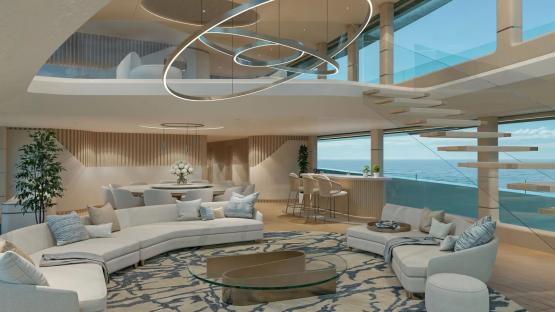 Illustration of the interior of a luxury yacht's main salon.