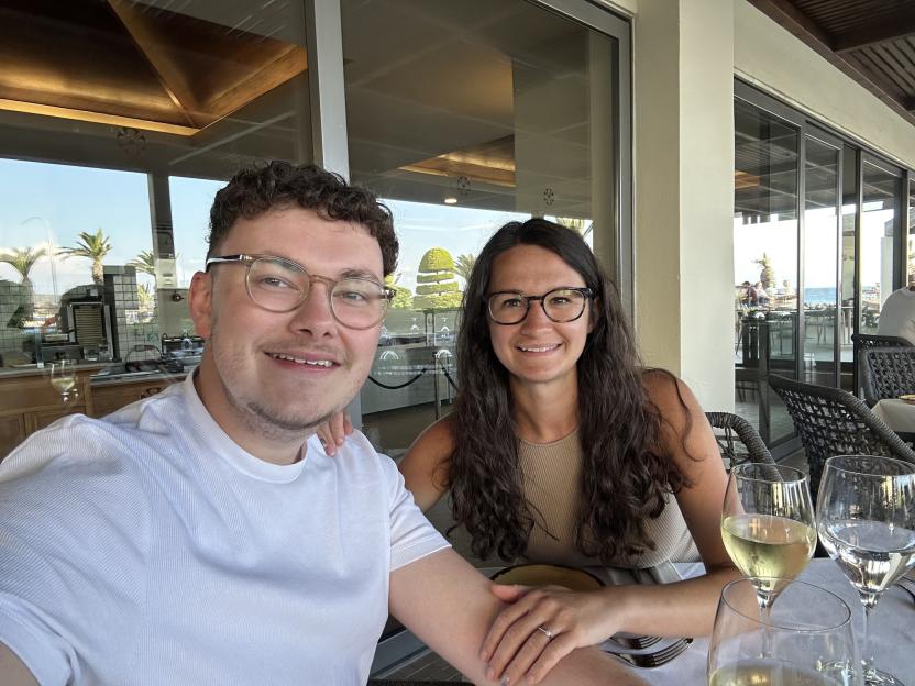 Laurence and Georgia on holiday in Greece when he proposed.