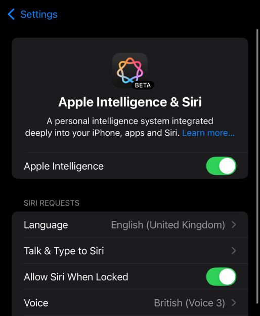 iPhone settings for Apple Intelligence and Siri.