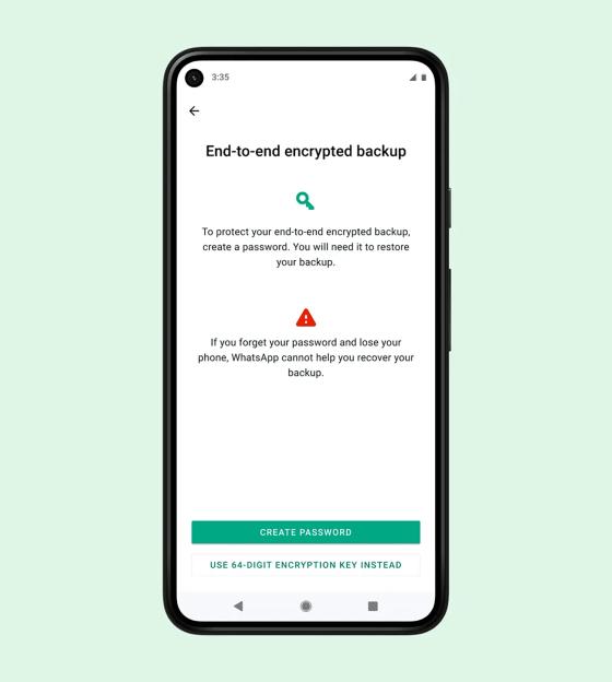 WhatsApp end-to-end encrypted backup screen on a phone.