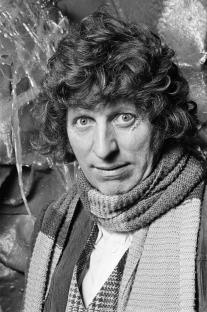 Black and white photo of Tom Baker as the Doctor in Doctor Who.