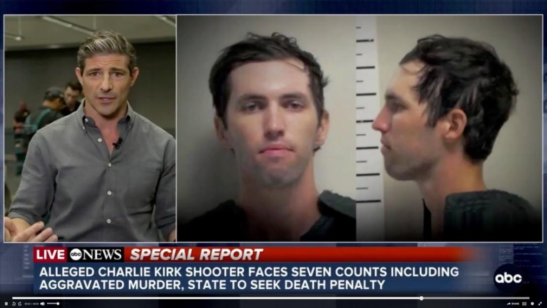 ABC News reporter Matt Gutman discusses the Charlie Kirk assassination suspect Tyler Robinson, whose mugshots are shown on the right.