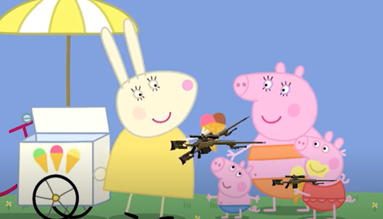 Illustration of Peppa Pig characters holding rifles.