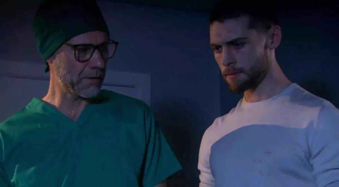 Joe Tate and a doctor discussing a kidney theft plan.