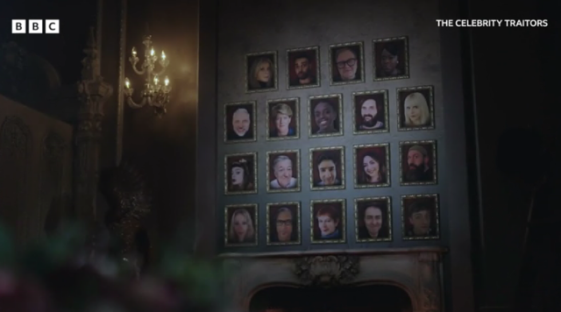 Wall of framed portraits of Celebrity Traitors contestants.