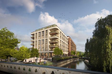 Illustration of St Mary’s Wharf development in Guildford, featuring new homes, riverside gardens, restaurants, and business space.