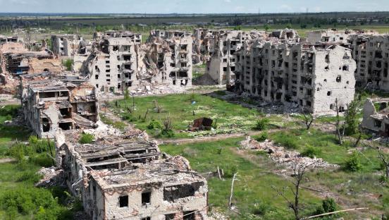 Drone view of destroyed buildings in Marinka, Ukraine.