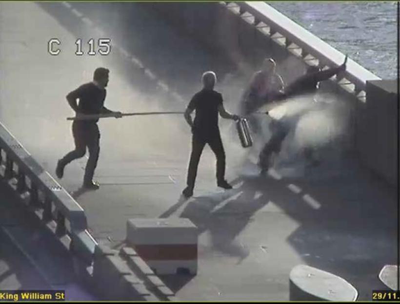 Security camera footage of Usman Khan being confronted on London Bridge.