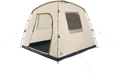 Beige camping tent with dark-colored floor and green accents.