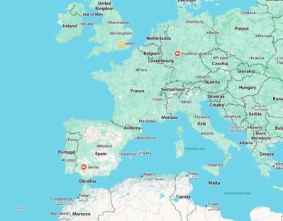Map highlighting Frankfurt and Seville.