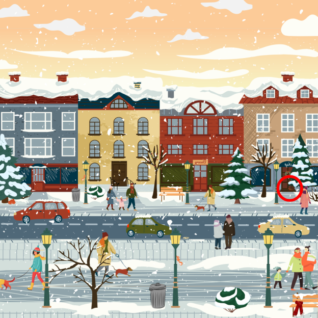 Illustration of a snowy town street scene.