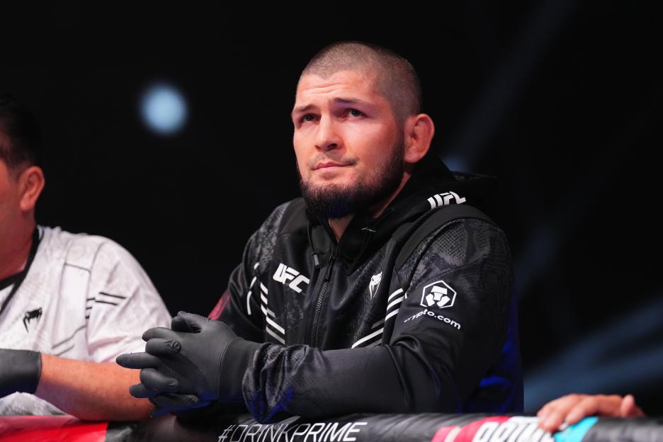 Khabib Nurmagomedov in the corner of a UFC fight.