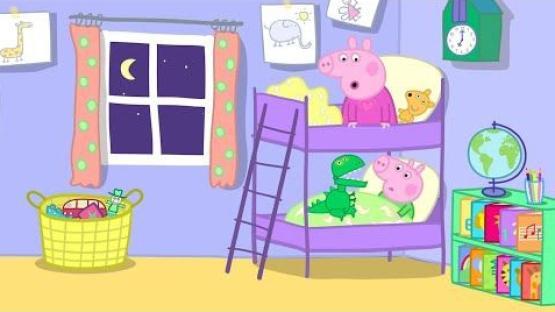 Peppa and George Pig sharing a bunk bed at night.