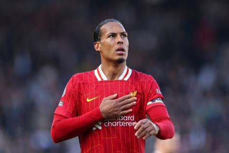 Virgil van Dijk of Liverpool reacts during a Premier League match.