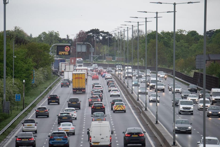 Traffic congested on the M4 at Datchet in Berkshire following heavy overnight rain.