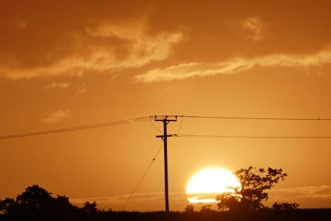 Sunrise over a countryside with power lines and trees.