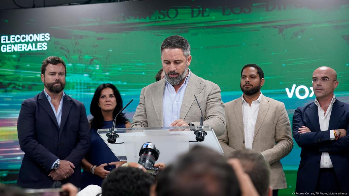 Santiago Abascal, leader of the far-right Vox party, addresses supporters following Spain's general election in Madrid