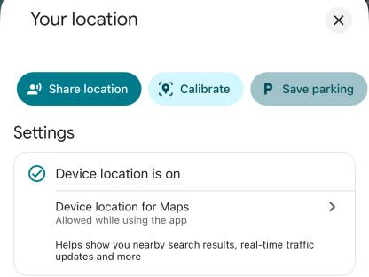 Screenshot of app settings showing location options: share location, calibrate, save parking, and device location settings.