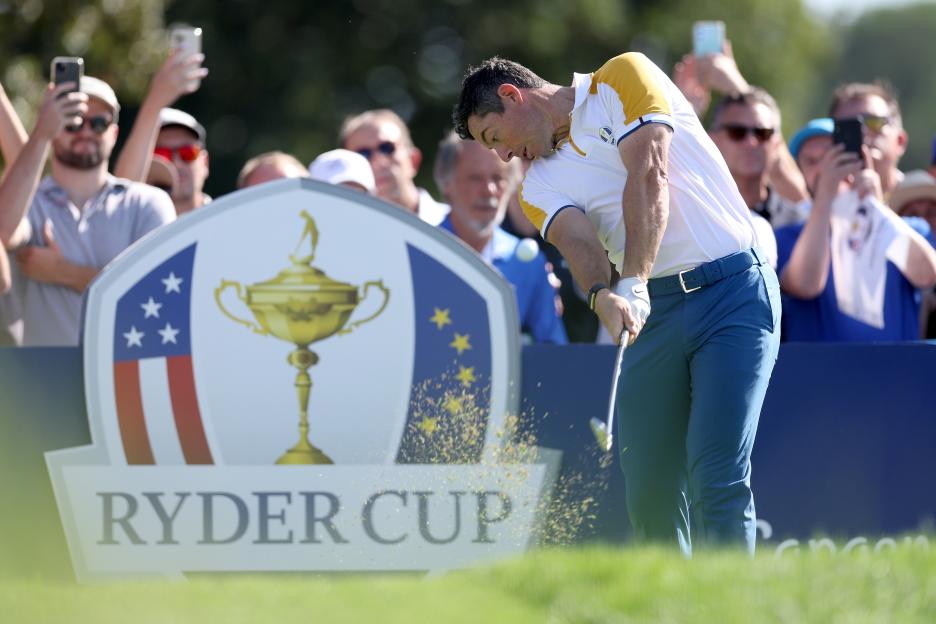 Rory McIlroy of Team Europe tees off during a practice round at the 2023 Ryder Cup.