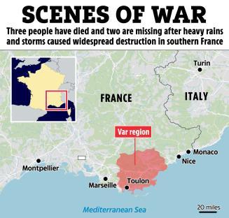 Map highlighting the Var region of France, where three people died and two are missing after heavy rains and storms.