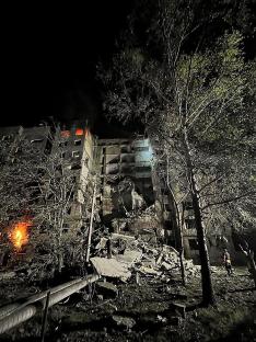 Bomb damage to a building in Donetsk, Ukraine.