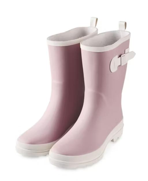 Pair of pink wellington boots with white soles and trim.
