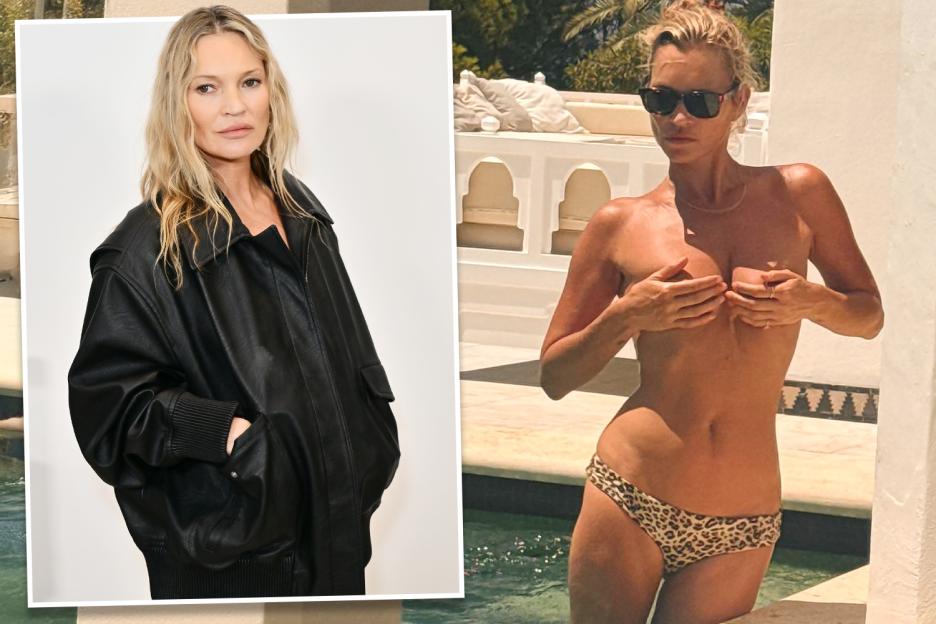 Collage of Kate Moss in a leather jacket and a leopard print bikini.