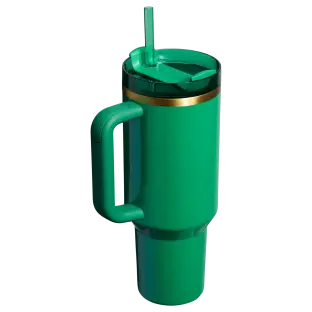 Green tumbler with lid and straw.